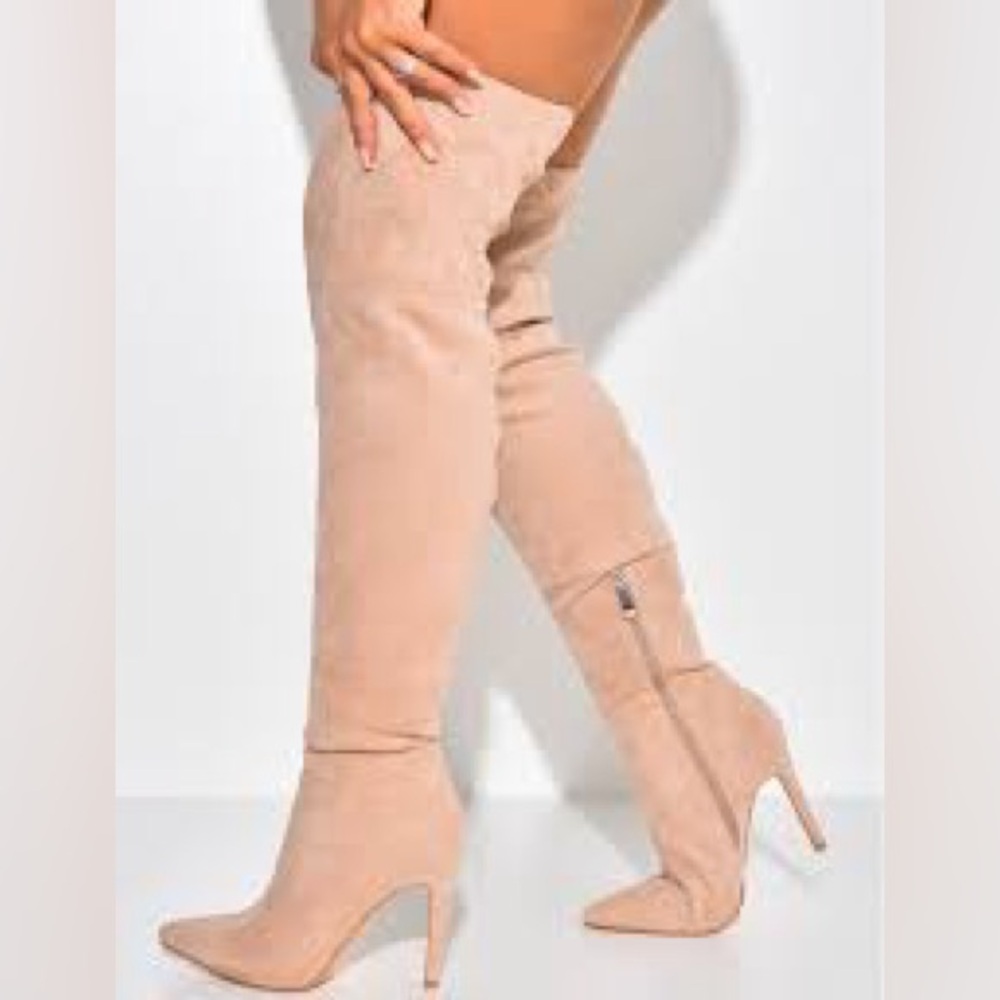PRETTY LITTLE THING 8 Blush Pink Mobwife Faux Suede Thigh High Heel Boots